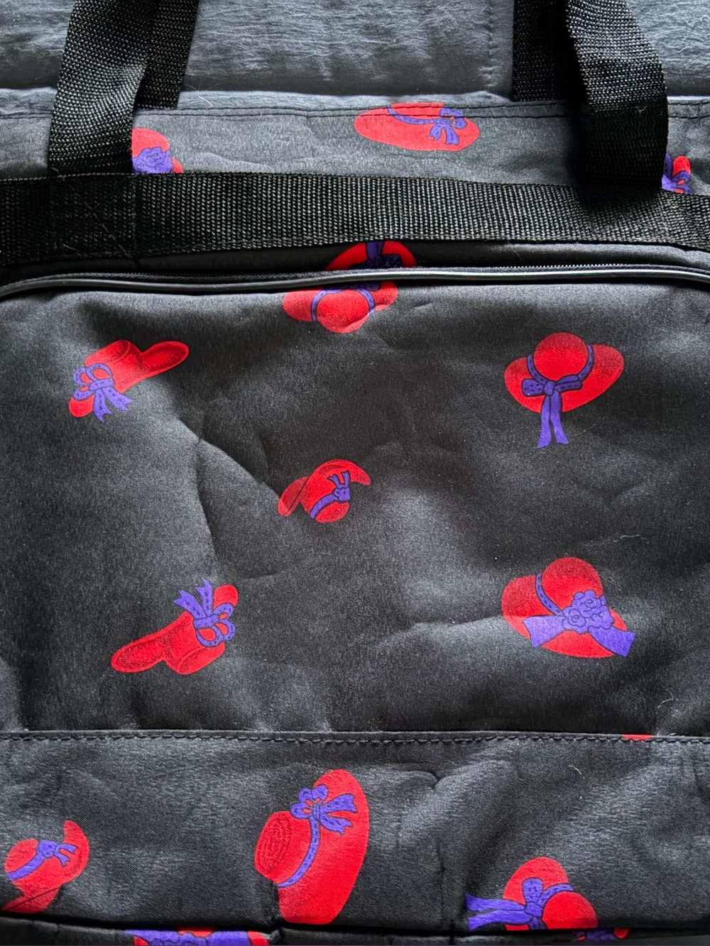 Black Tote Bag with Red & Purple Hat Print